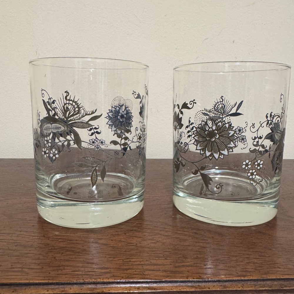 Vintage Culver Silver Blue Floral Rocks Glasses Paid Mid Century Lowball Tumbler